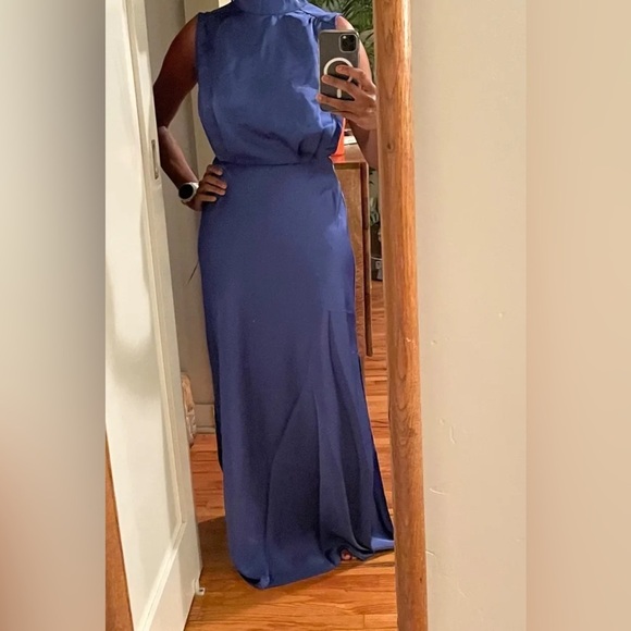 NWOT Elegance Blue Satin Sleeveless Mock Neck Maxi Dress - Picture 4 of 8